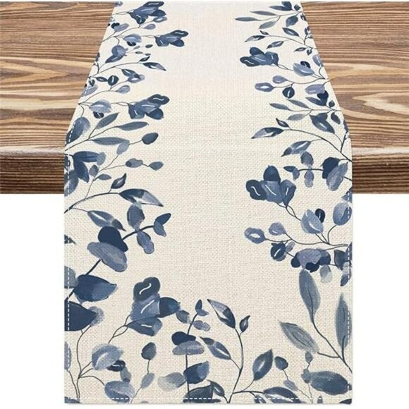 Blue and White Table Runner 13x71 Watercolor Leaves Farmhouse Dining Table Decor - Picture 8 of 8